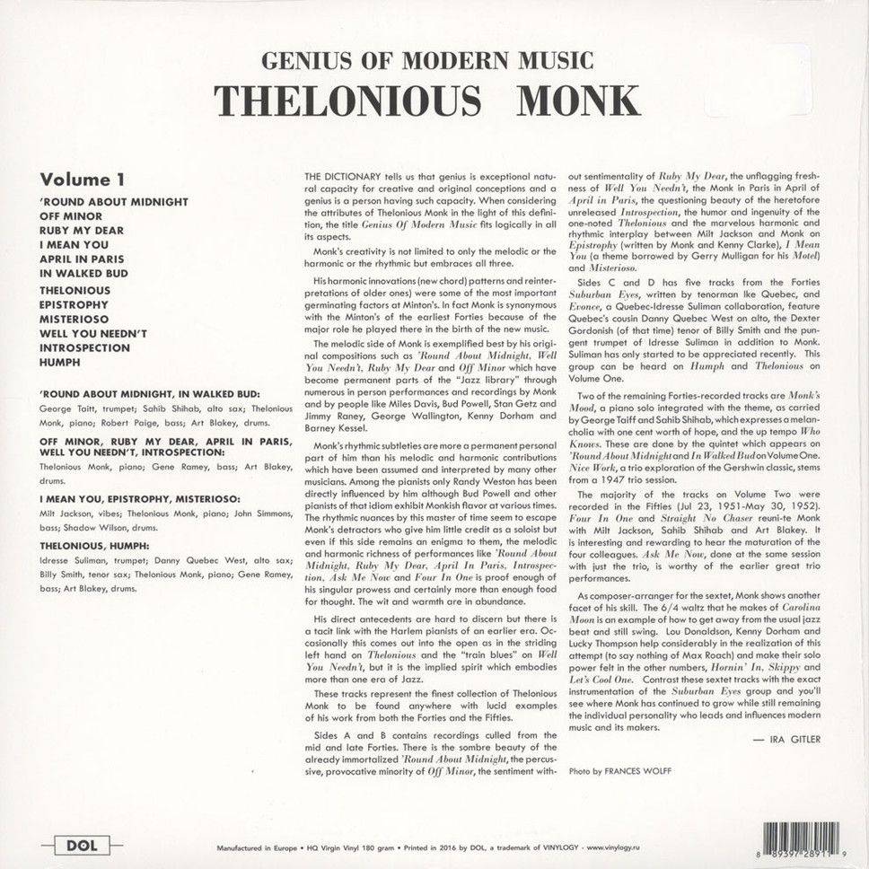 THELONIOUS MONK: GENIUS OF MODERN MUSIC: VOL 1 VINYL - Peekaboo Records